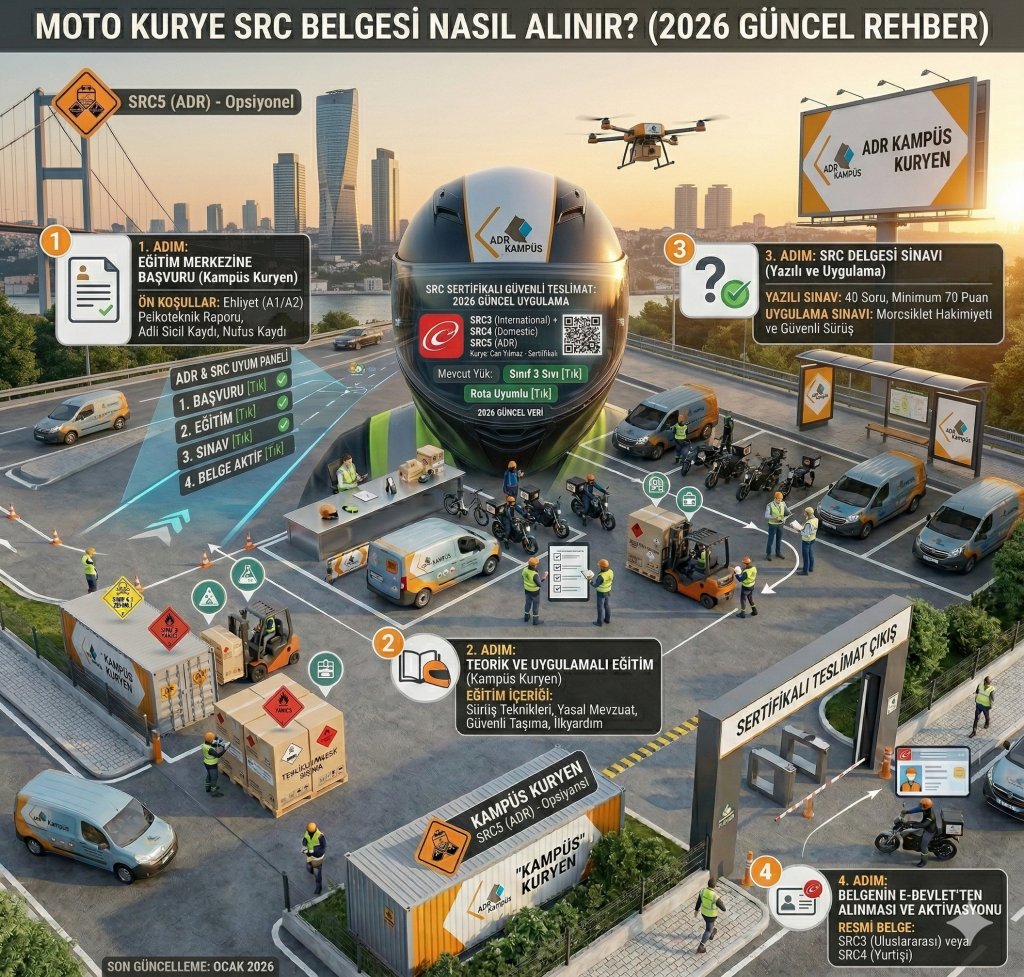 Moto kurye SRC belgesi nasıl alınır rehberi infografiği